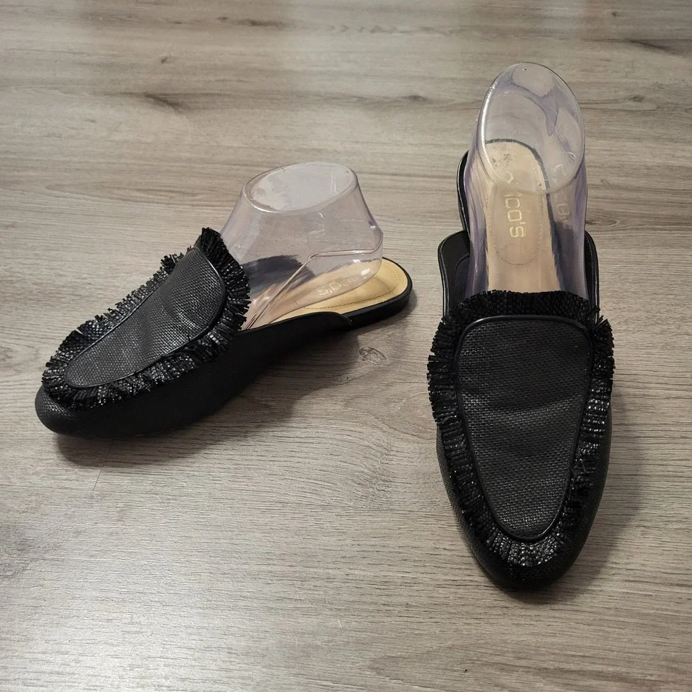 Chicos Raffia Fringe Mules Black Flat Slip On Shoes 8.5 Casual Textured Vacation - Picture 2 of 8